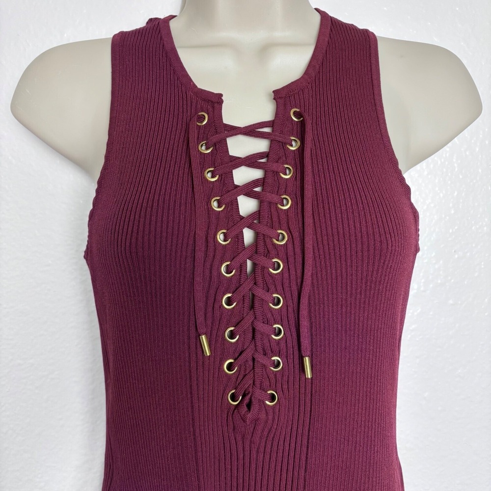 Torn By Ronny Kobo Ribbed‎ Knit Lace Up Fit Flare Dress Burgandy Sleeveless Sz S